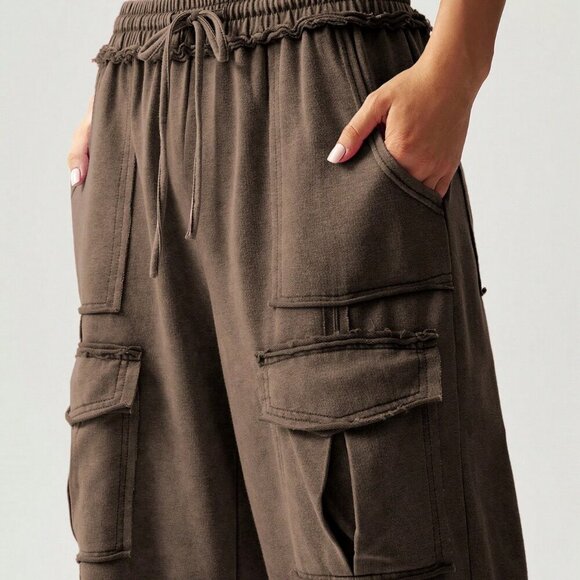 Coffee Brown Casual Women's Vacation Knit 3d Pocket Wide Leg Pants - Picture 5 of 8